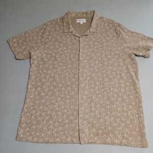 Thomas Sterling Mens XL Tan Embroidered Gauze Short Sleeve Camp Collar Shirt